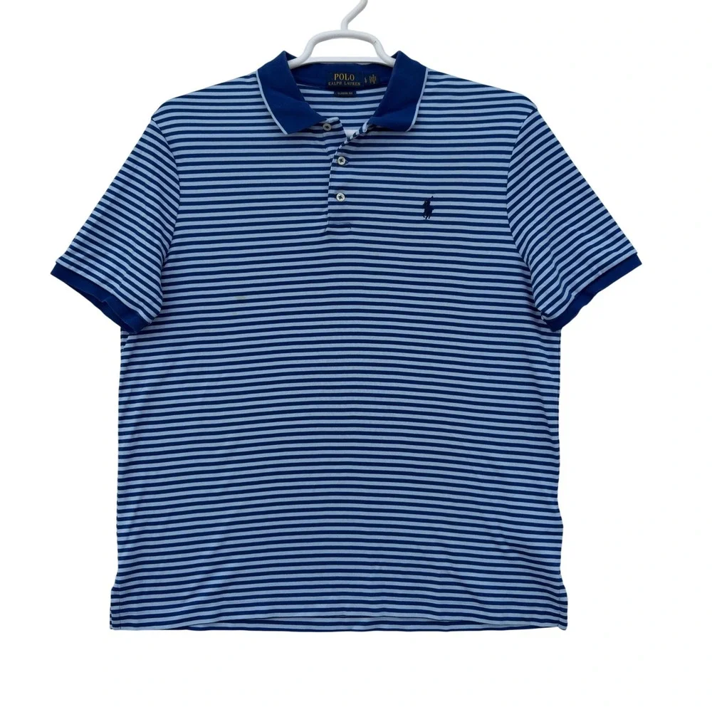 Polo Ralph Lauren Pique Polo‎ Shirt Mens L Blue Striped Classic Fit Short Sleeve